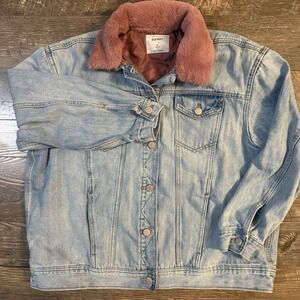 Jean Jacket Pink Faux Fur Womens Petite XL Denim Quilted Lined Button Trucker